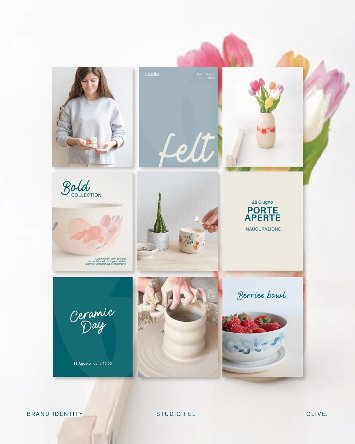 Griglia di post social di Studio Felt con foto di ceramiche e grafiche coordinate