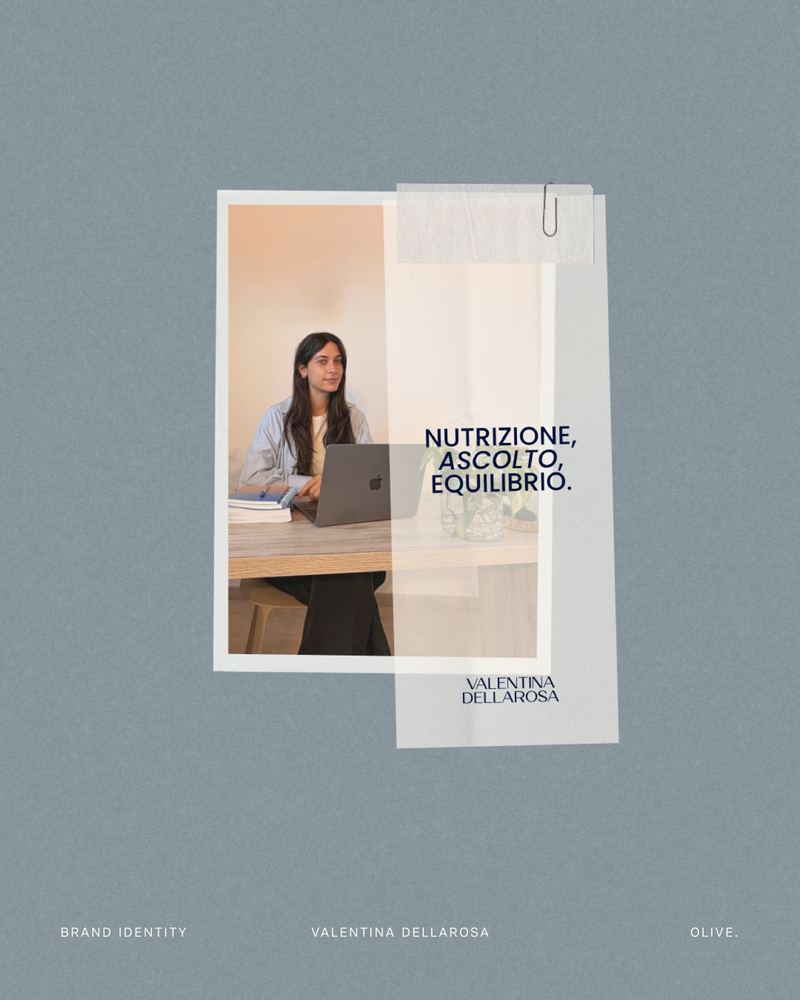 Collage con una foto di Valentina Dellarosa alla scrivania e la scritta «Nutrizione, ascolto, equilibrio.»